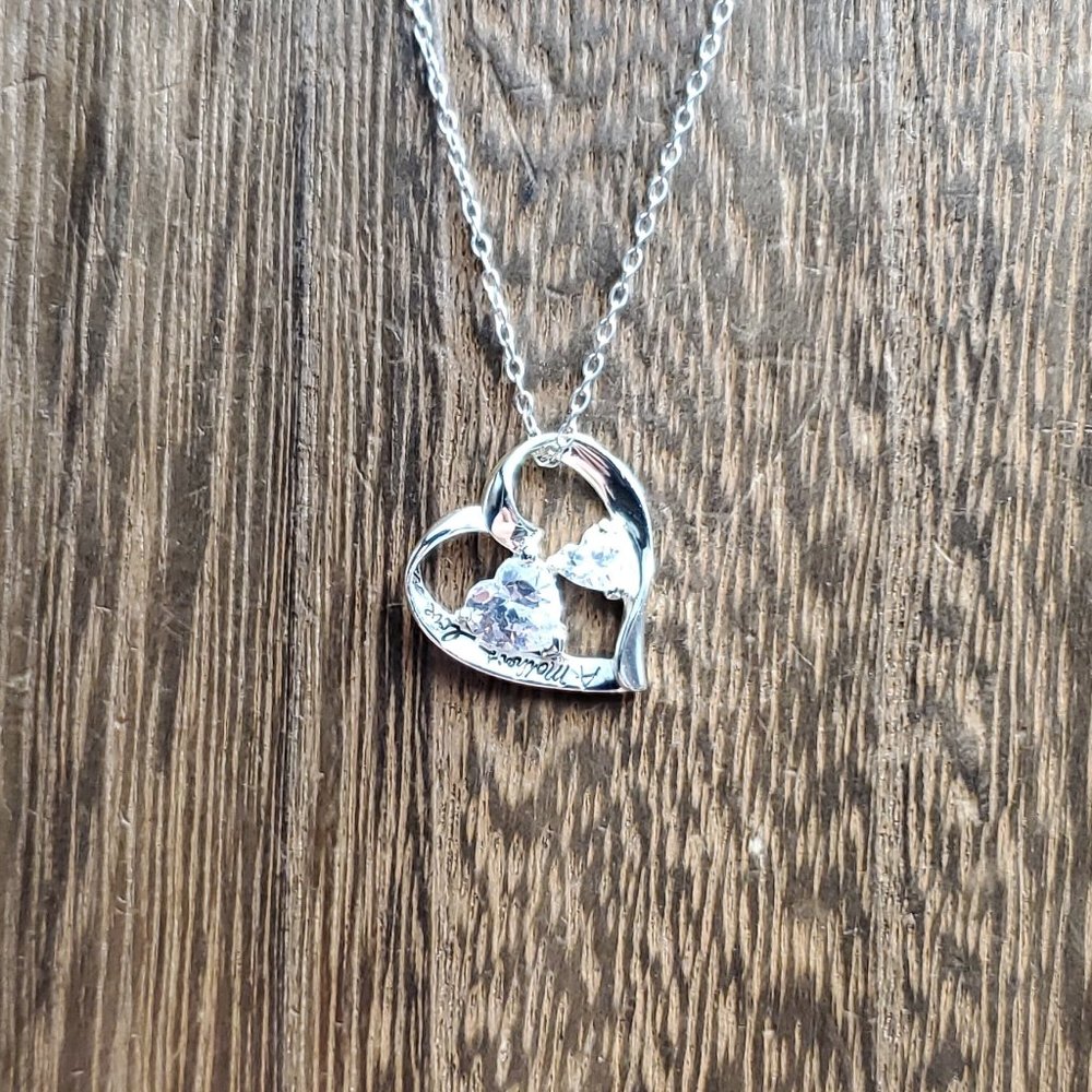 18 Inch Sterling Silver Double CZ Heart Mother And Children Necklace